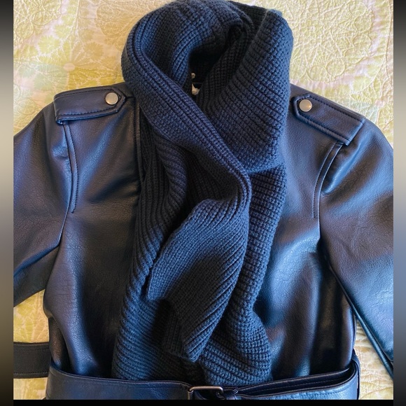 G.I.Ll. Blue faux leather belted moto jacket, attached knit shawl collar NWOT - Picture 4 of 15